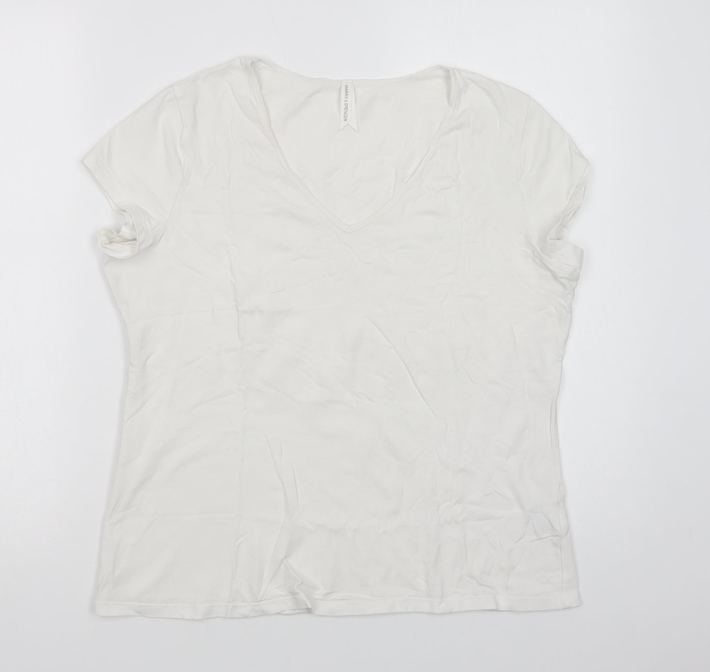 Marks and Spencer Womens White  Cotton Basic T-Shirt Size 18 V-Neck