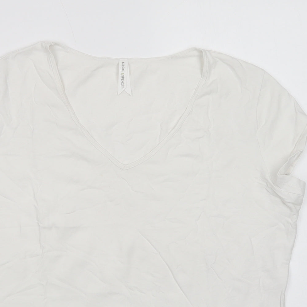 Marks and Spencer Womens White  Cotton Basic T-Shirt Size 18 V-Neck