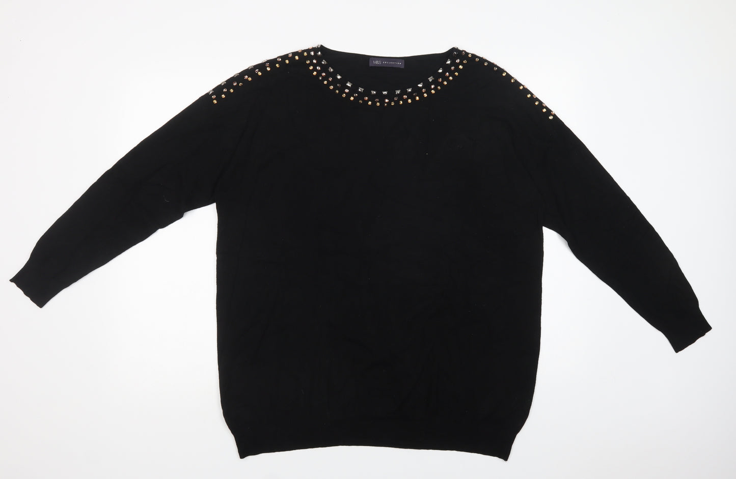 Marks and Spencer Womens Black Crew Neck   Pullover Jumper Size L   - Embellished Neckline