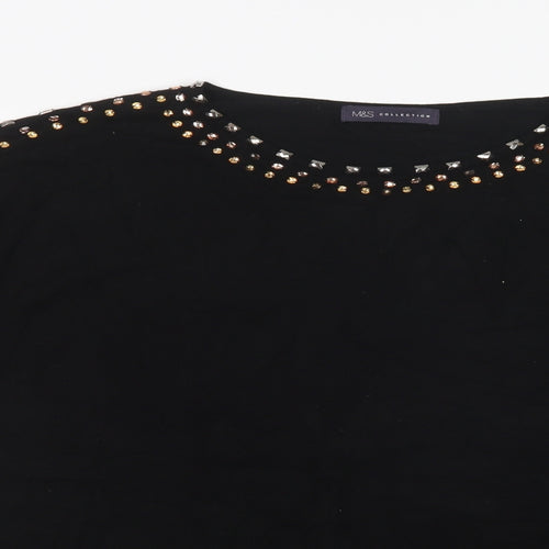 Marks and Spencer Womens Black Crew Neck   Pullover Jumper Size L   - Embellished Neckline