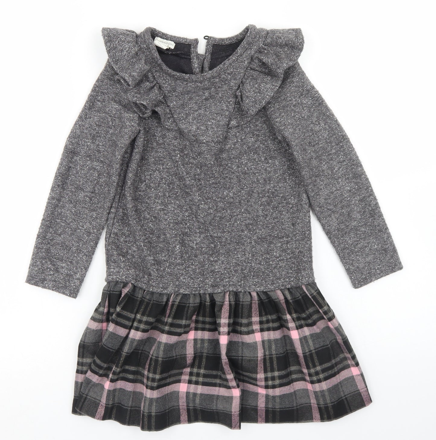 Monsoon Girls Grey Plaid Polyester Skater Dress  Size 6 Years  Crew Neck Button