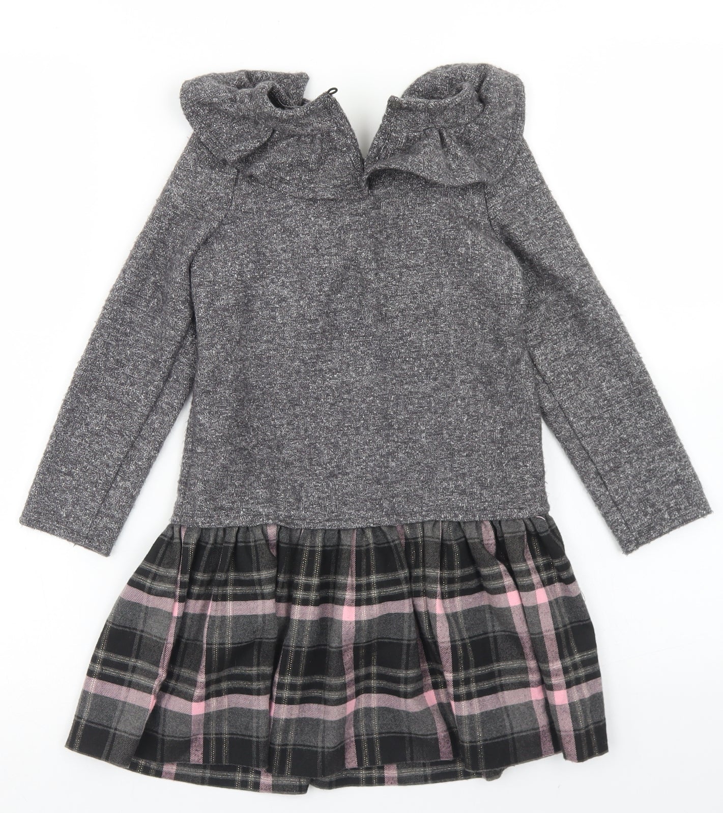 Monsoon Girls Grey Plaid Polyester Skater Dress  Size 6 Years  Crew Neck Button