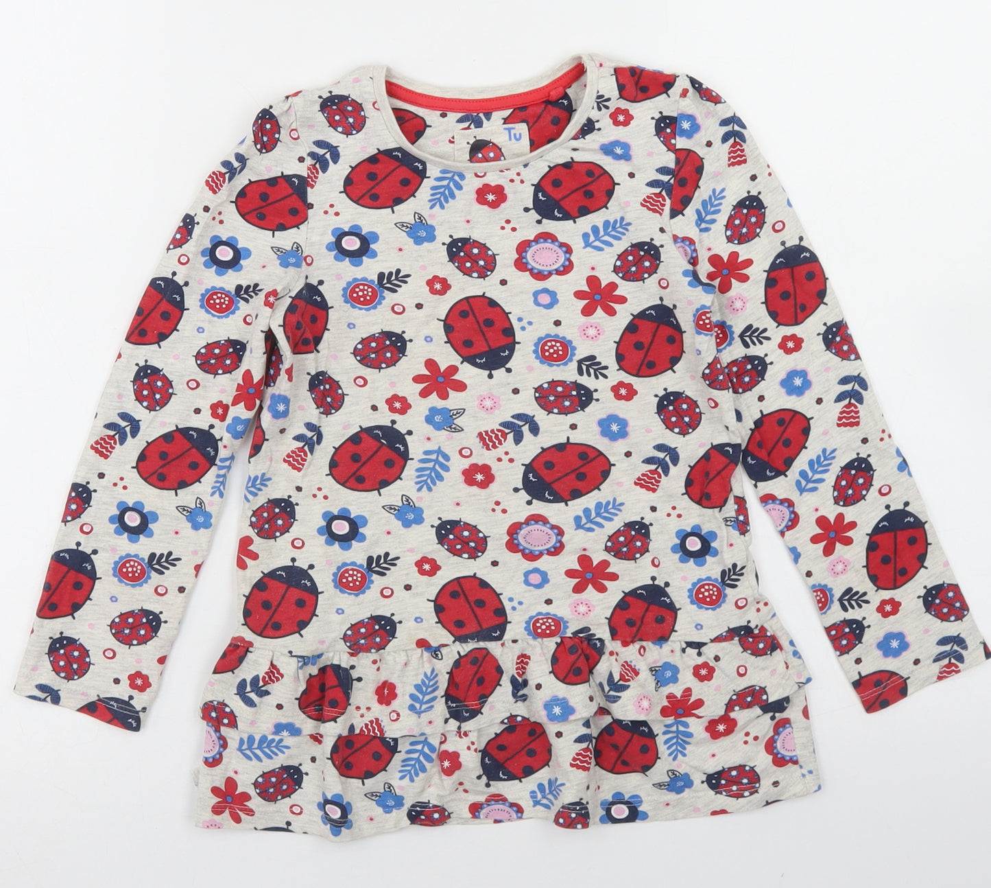 TU Girls Beige Floral Cotton Basic T-Shirt Size 4-5 Years Crew Neck  - Ladybird