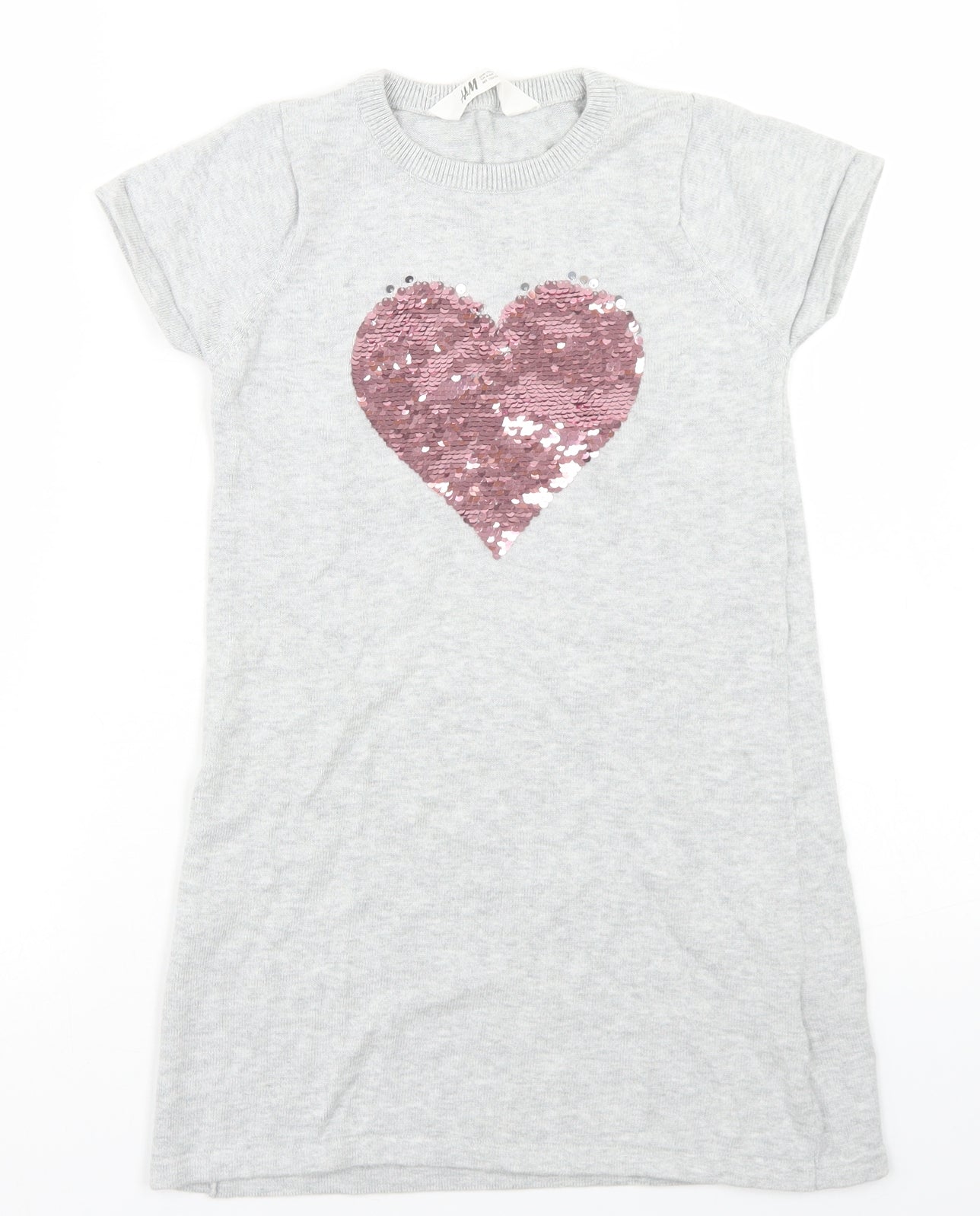 H&M Girls Grey  Cotton Jumper Dress  Size 5-6 Years  Crew Neck  - Reversible sequins, Heart