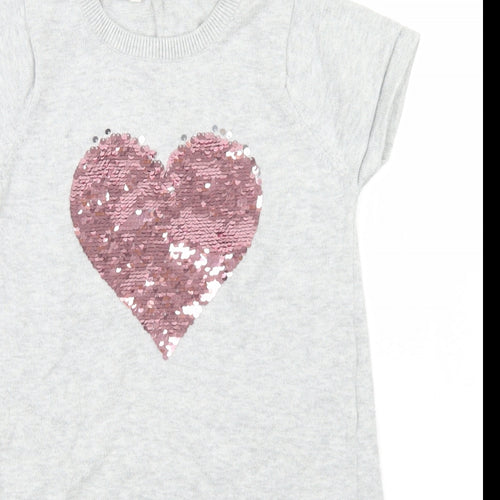 H&M Girls Grey  Cotton Jumper Dress  Size 5-6 Years  Crew Neck  - Reversible sequins, Heart