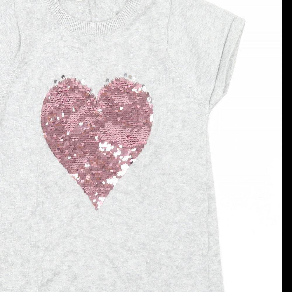 H&M Girls Grey  Cotton Jumper Dress  Size 5-6 Years  Crew Neck  - Reversible sequins, Heart