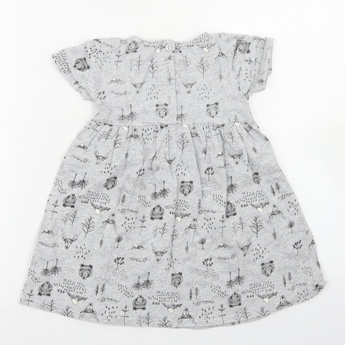 Dunnes Stores Girls Grey Floral Cotton Skater Dress  Size 3-4 Years  Crew Neck Button - Doodle Print