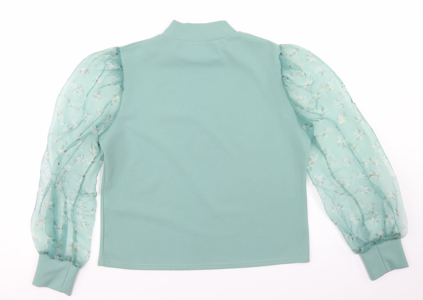 Ayanapa Womens Blue  Polyester Basic Blouse Size L Mock Neck - Mesh Puff Sleeve