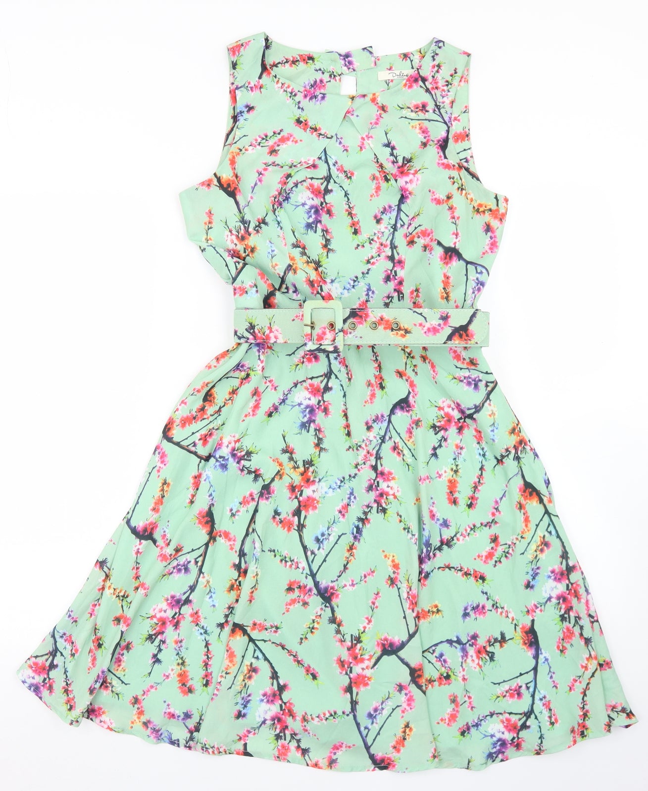 Darling Womens Green Floral Polyester Skater Dress  Size 10  Round Neck Button