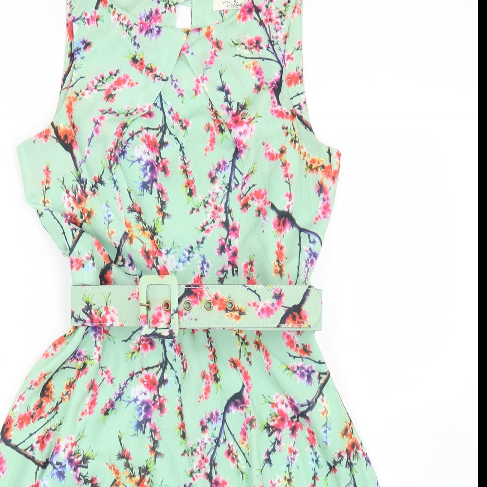 Darling Womens Green Floral Polyester Skater Dress  Size 10  Round Neck Button