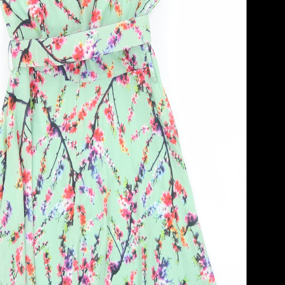 Darling Womens Green Floral Polyester Skater Dress  Size 10  Round Neck Button