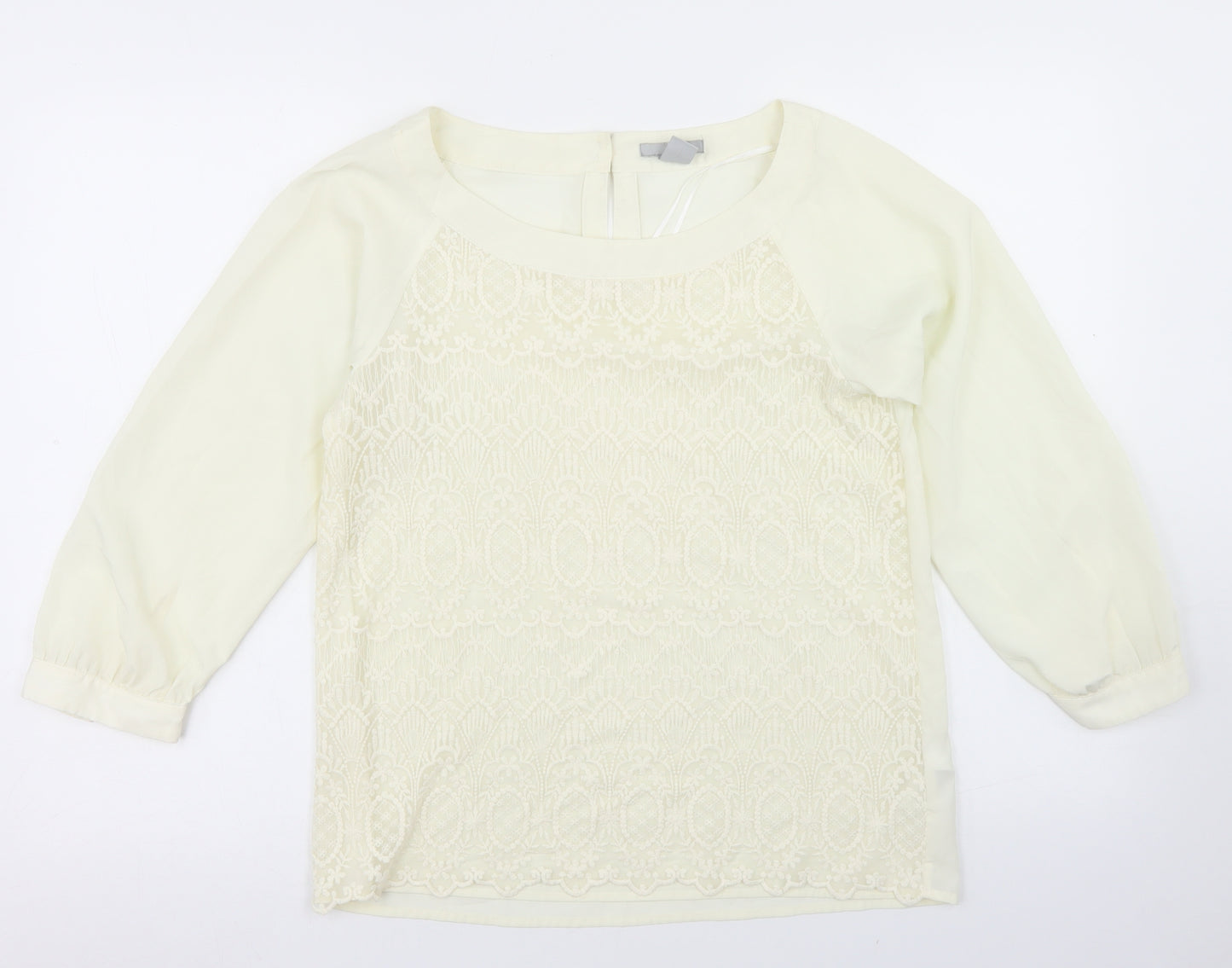 H&M Womens Ivory  Polyester Basic Blouse Size 10 Round Neck - Lace front detail