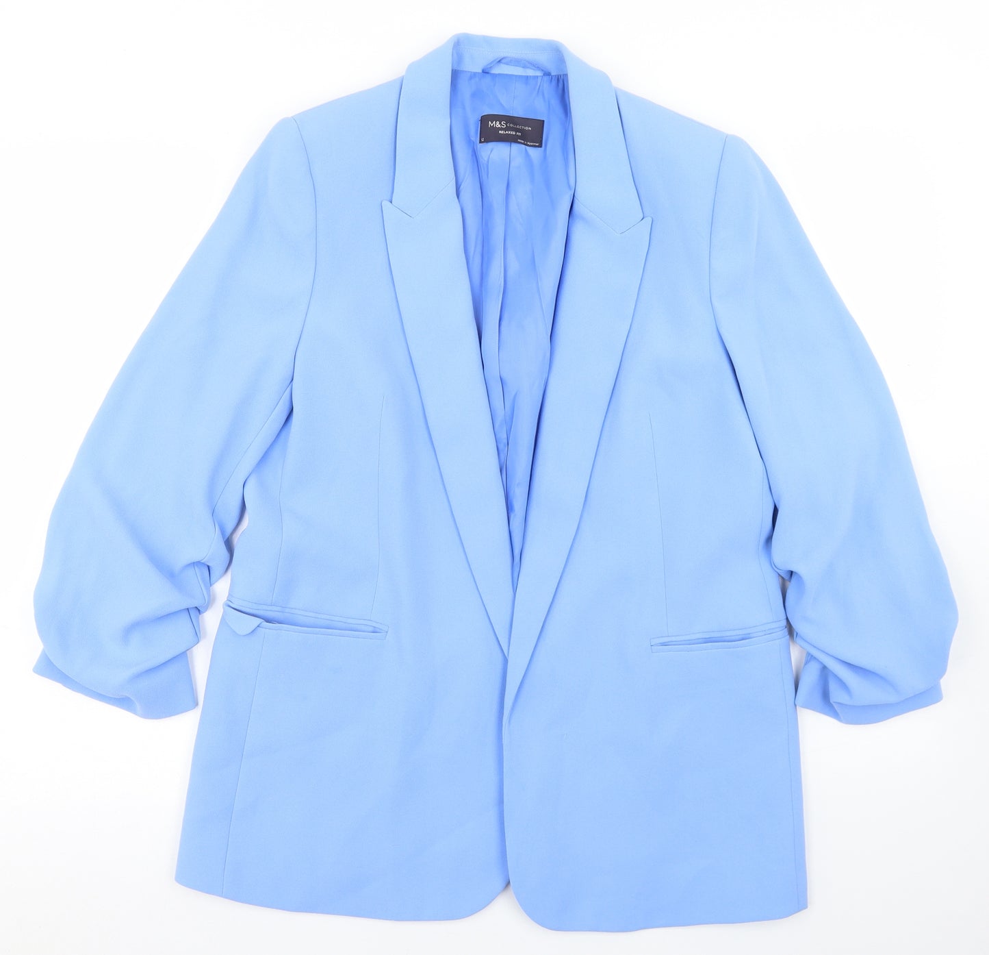 Marks and Spencer Womens Blue  Polyester Jacket Blazer Size 12   - Ruched Sleeve