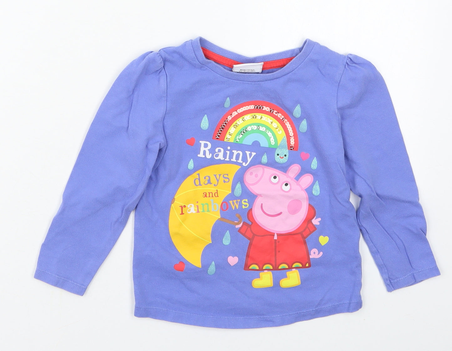 TU Girls Blue  Cotton Basic T-Shirt Size 2-3 Years Crew Neck Pullover - Peppa Pig Rainy Days and Rainbows