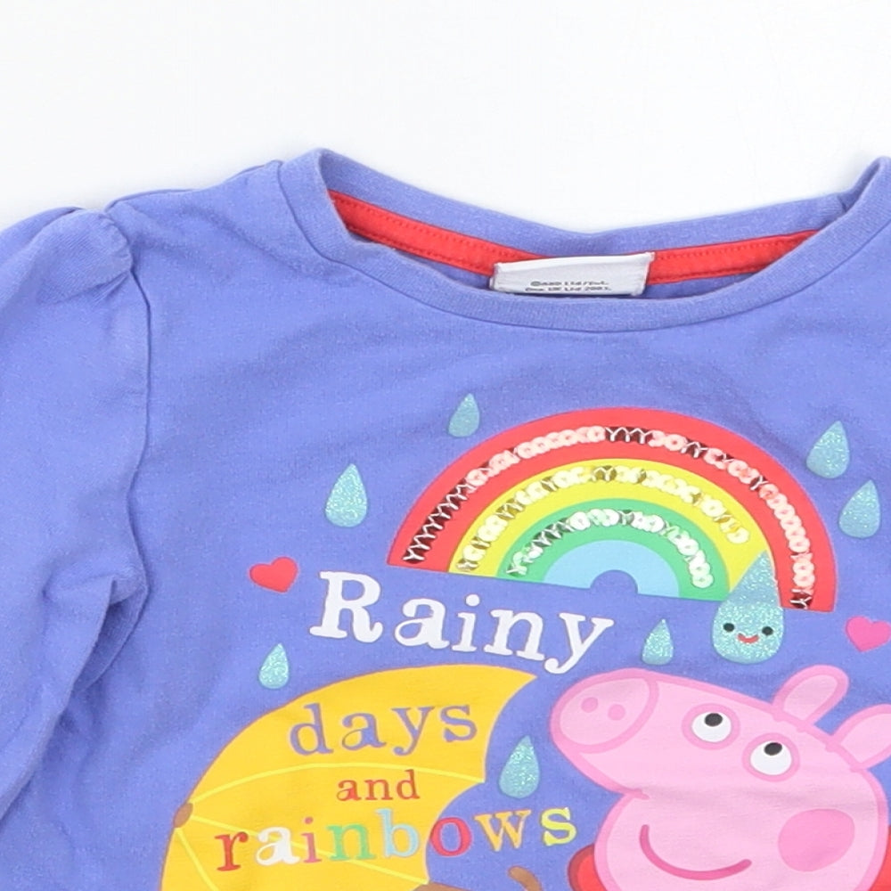 TU Girls Blue  Cotton Basic T-Shirt Size 2-3 Years Crew Neck Pullover - Peppa Pig Rainy Days and Rainbows