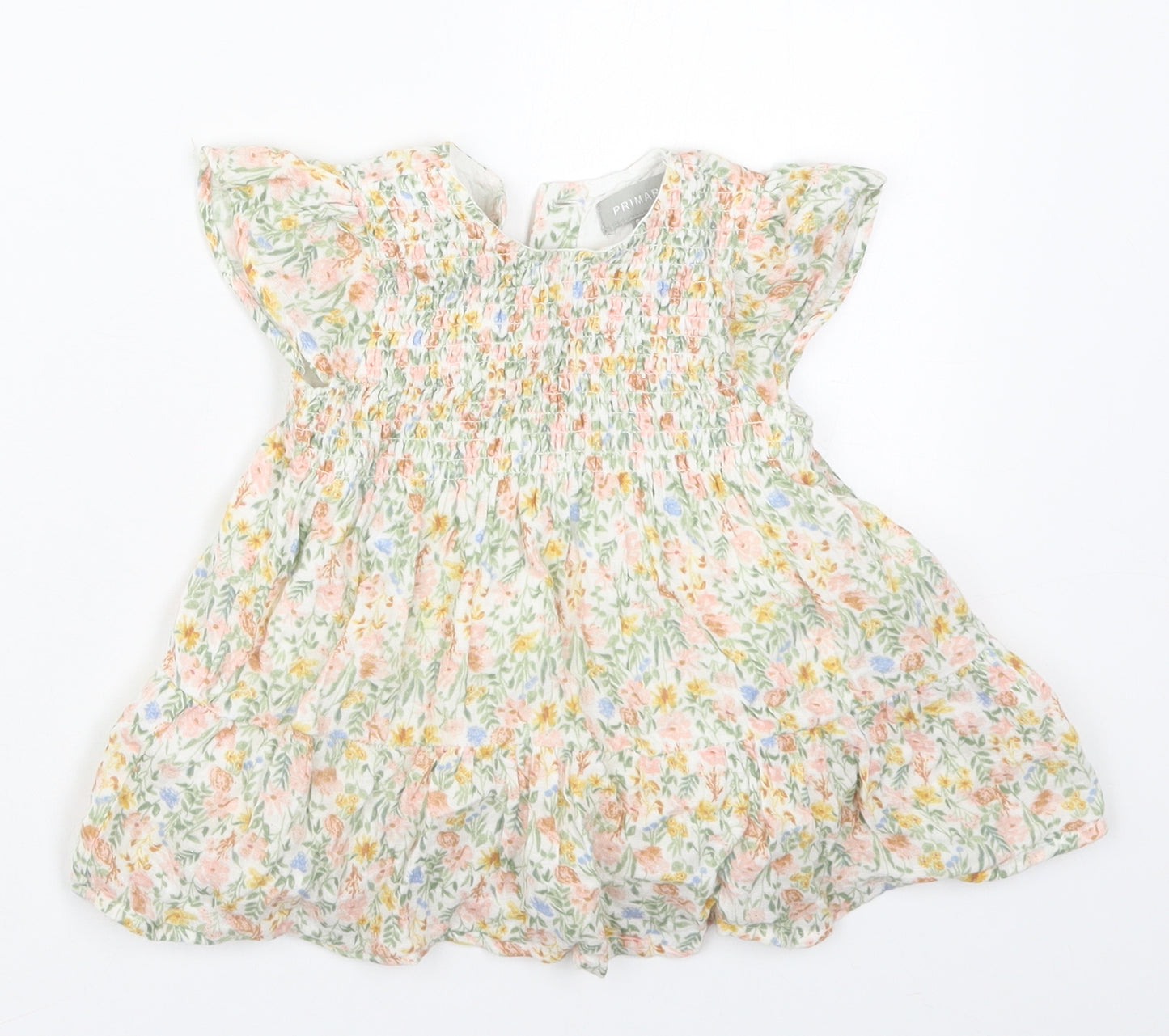 Primark Girls Green Floral Cotton Skater Dress  Size 9-12 Months  Round Neck Button