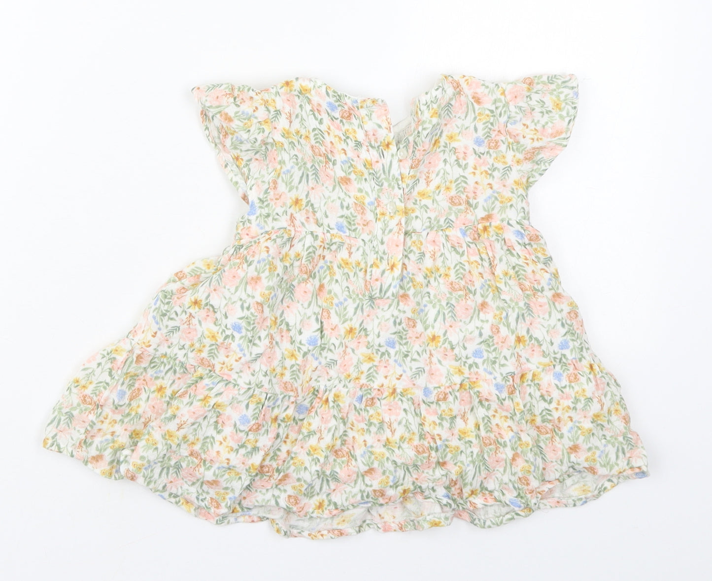 Primark Girls Green Floral Cotton Skater Dress  Size 9-12 Months  Round Neck Button