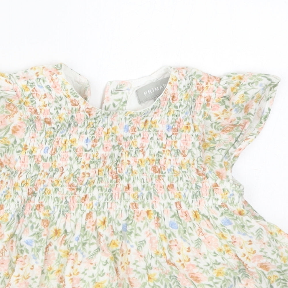 Primark Girls Green Floral Cotton Skater Dress  Size 9-12 Months  Round Neck Button