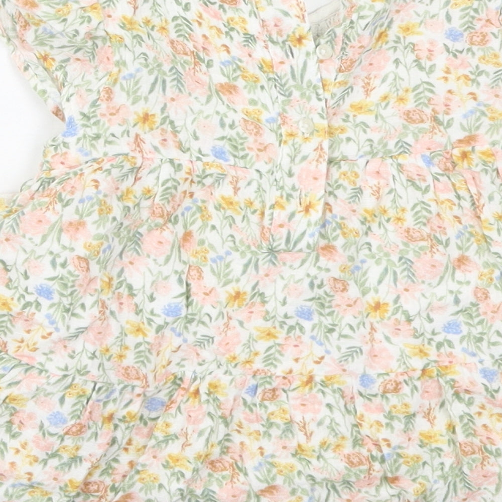 Primark Girls Green Floral Cotton Skater Dress  Size 9-12 Months  Round Neck Button