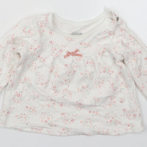 mamas & papas Girls White Floral Cotton Basic T-Shirt Size 6-9 Months Round Neck Button