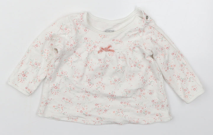 mamas & papas Girls White Floral Cotton Basic T-Shirt Size 6-9 Months Round Neck Button