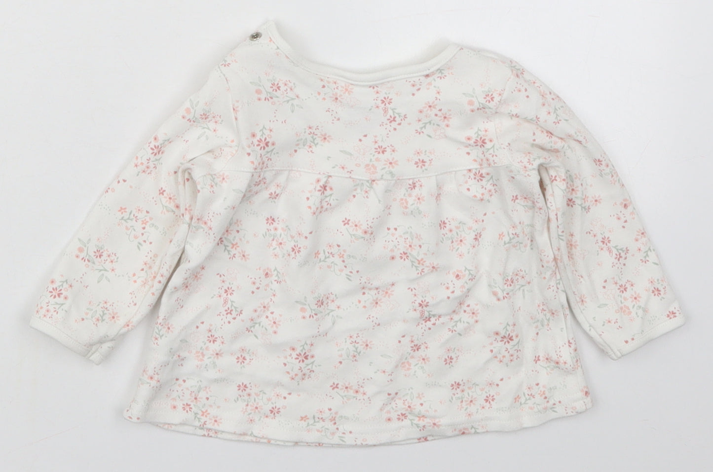 mamas & papas Girls White Floral Cotton Basic T-Shirt Size 6-9 Months Round Neck Button