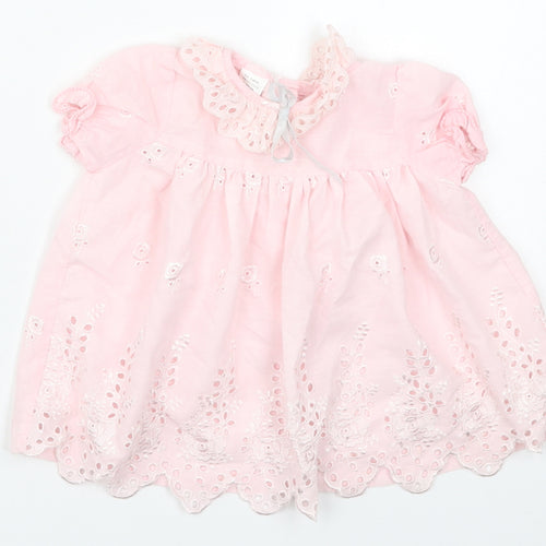 Preworn Girls Pink Floral Cotton A-Line  Size 6-9 Months  Collared Button