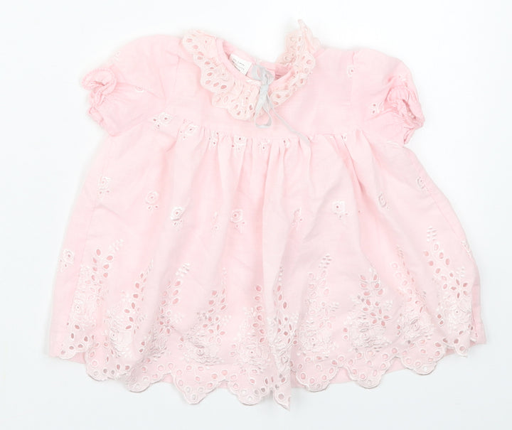 Preworn Girls Pink Floral Cotton A-Line  Size 6-9 Months  Collared Button