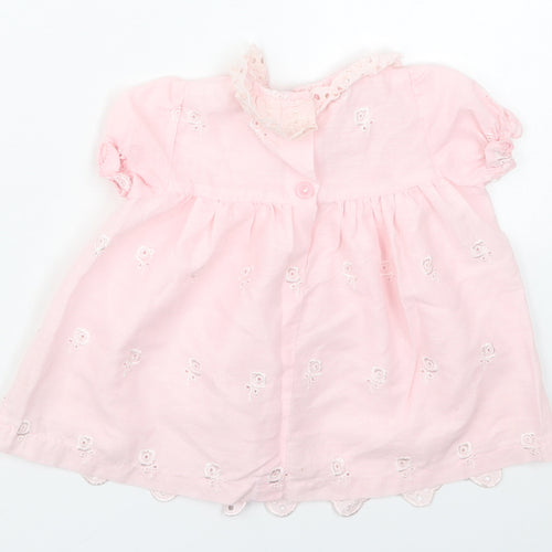 Preworn Girls Pink Floral Cotton A-Line  Size 6-9 Months  Collared Button