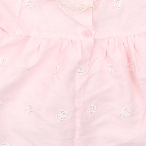 Preworn Girls Pink Floral Cotton A-Line  Size 6-9 Months  Collared Button