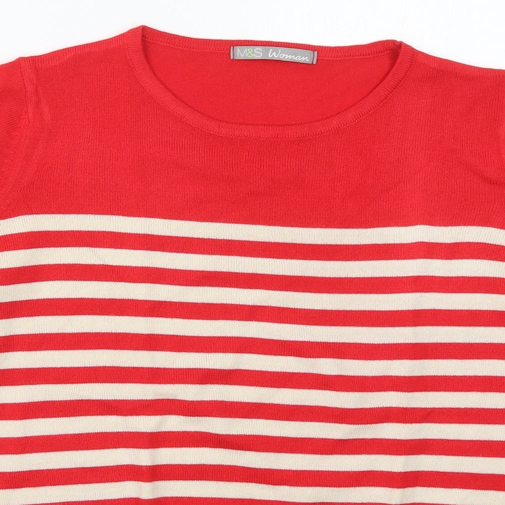 Marks and Spencer Womens Red Round Neck Striped Acrylic Pullover Jumper Size 12