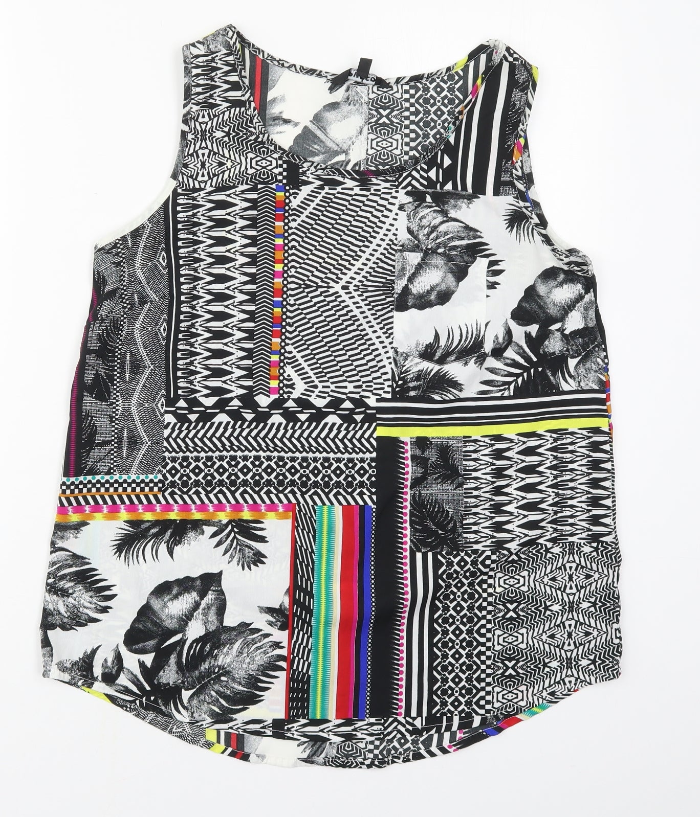 Pep&Co Womens Black Geometric Polyester Basic Tank Size 12 Round Neck - Leaf Prints