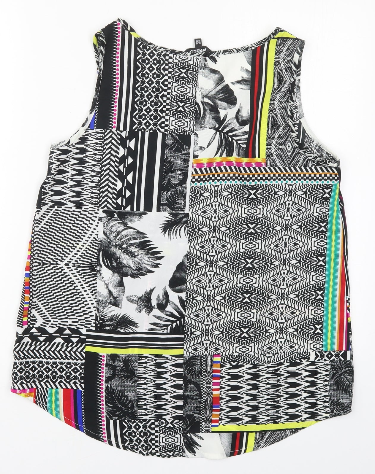 Pep&Co Womens Black Geometric Polyester Basic Tank Size 12 Round Neck - Leaf Prints