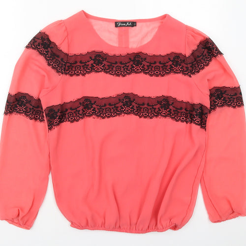 Fine Womens Pink  Polyester Basic Blouse Size 12 Round Neck