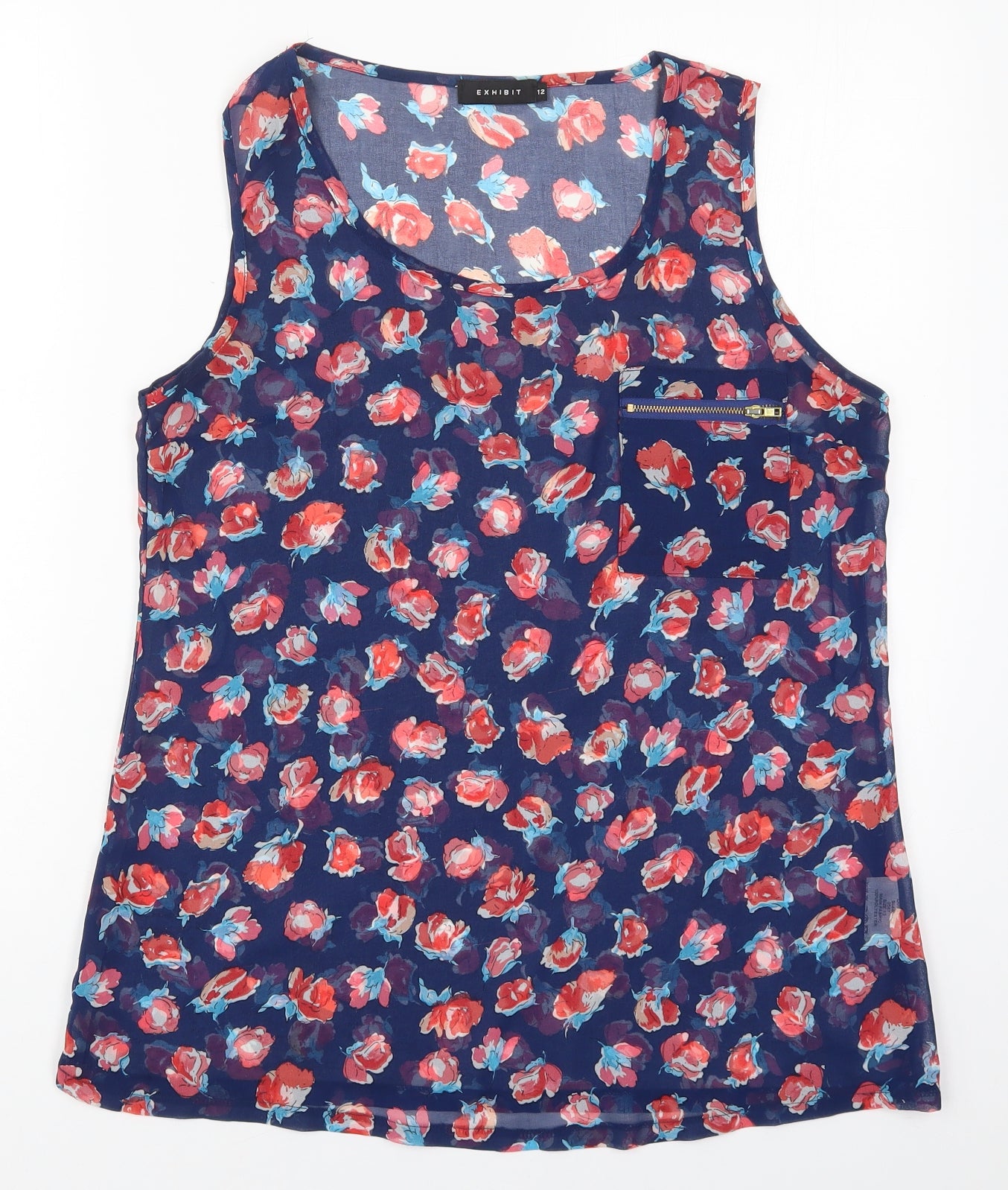Exhibit Womens Blue Floral Polyester Basic Tank Size 12 Round Neck