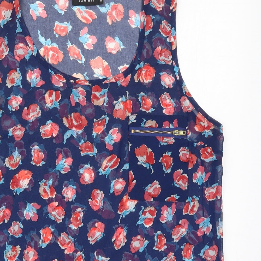Exhibit Womens Blue Floral Polyester Basic Tank Size 12 Round Neck