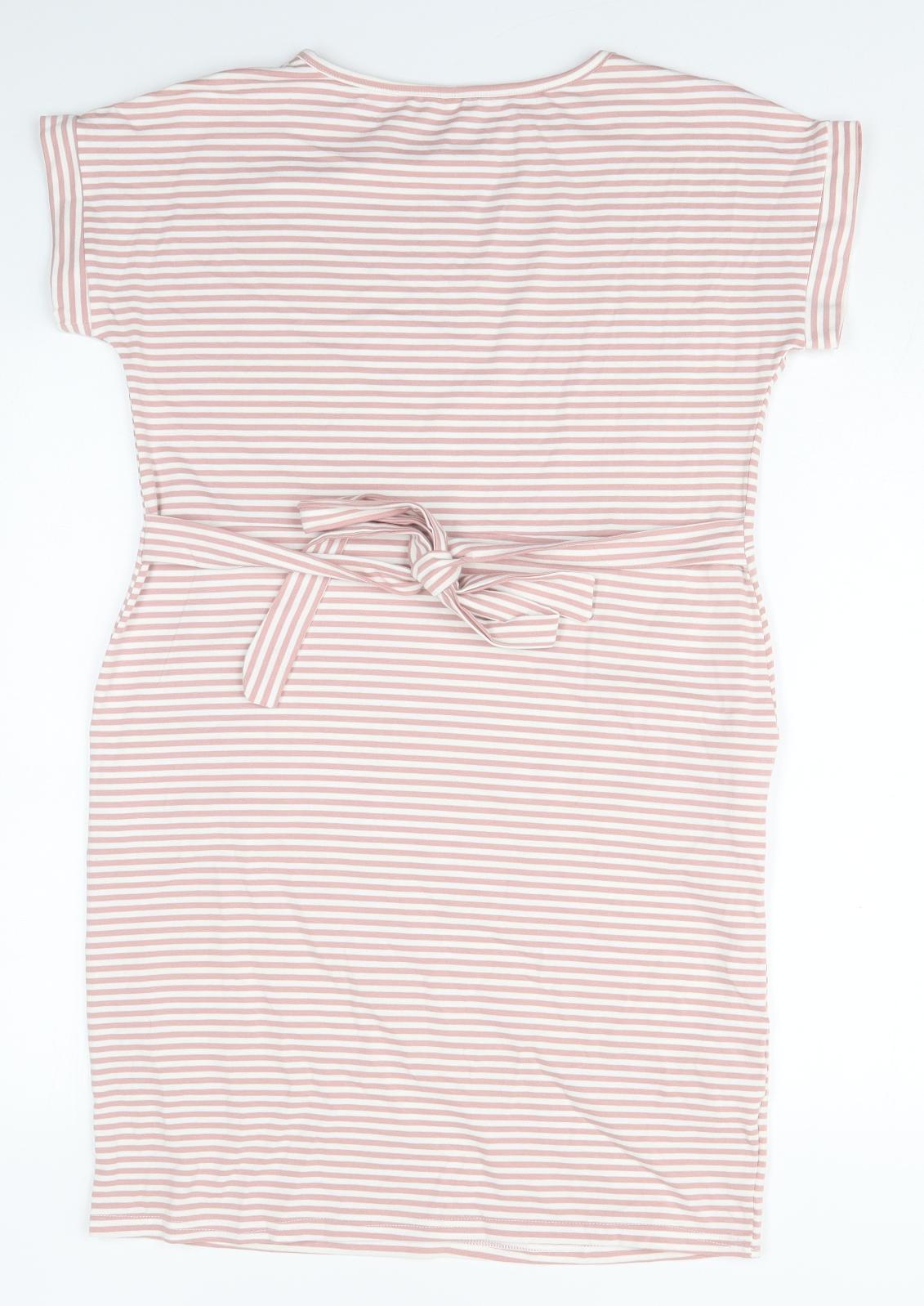 Preworn Womens Pink Striped Cotton Pencil Dress  Size L  Round Neck Pullover