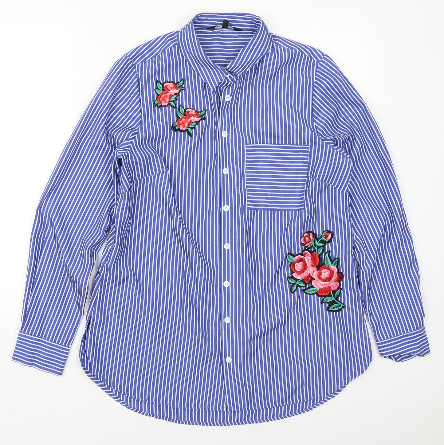 New Look Womens Blue Striped Polyester Basic Button-Up Size 12 Collared - Flowers