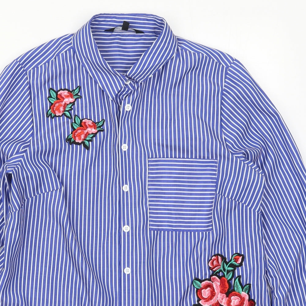 New Look Womens Blue Striped Polyester Basic Button-Up Size 12 Collared - Flowers