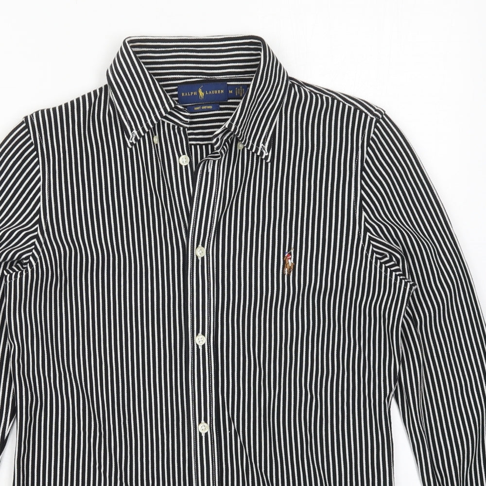 Ralph Lauren Mens Black Striped Cotton  Button-Up Size M Collared Button