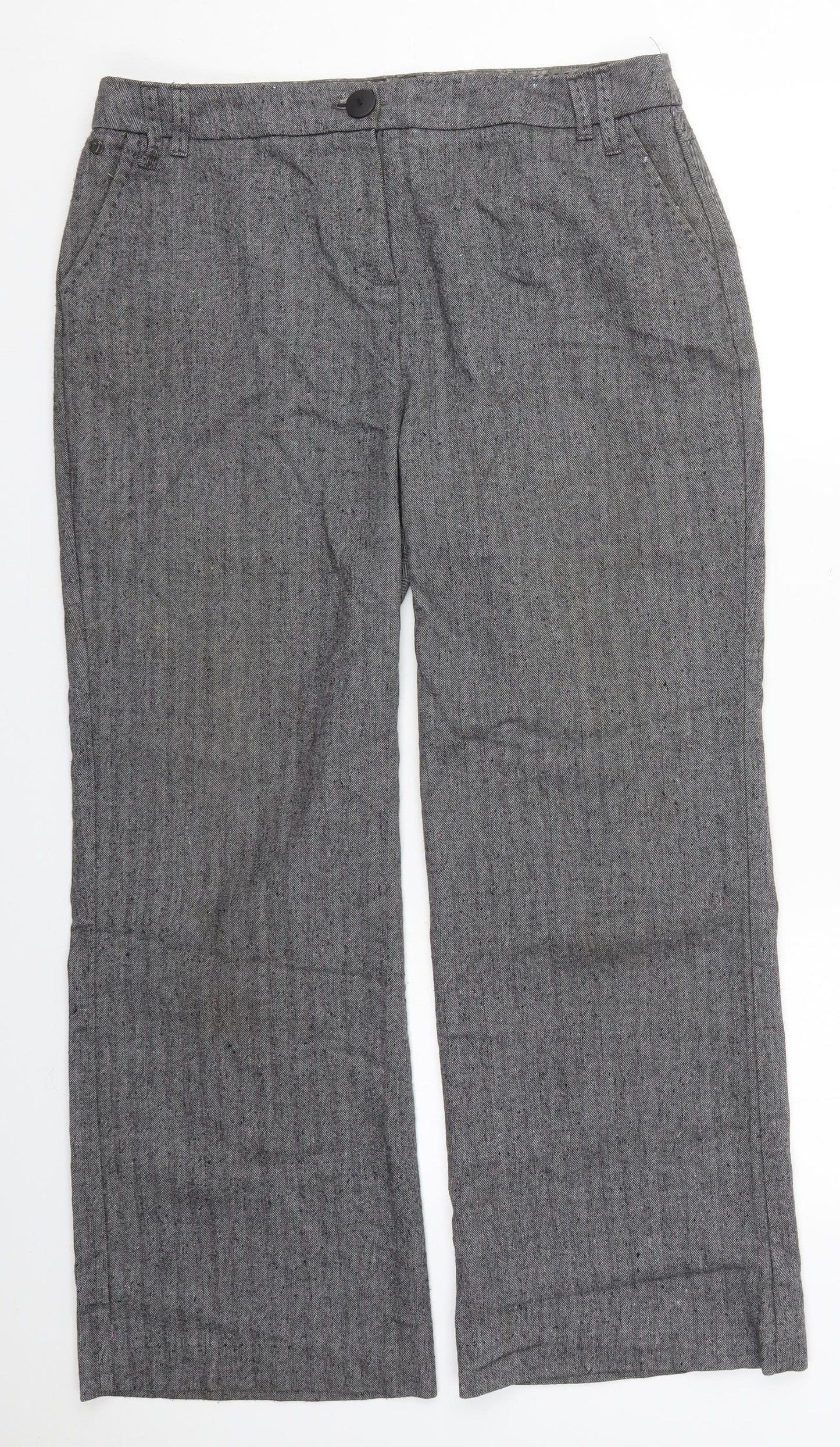Per Una Womens Grey Herringbone Polyester Trousers  Size 14 L27 in Regular Button