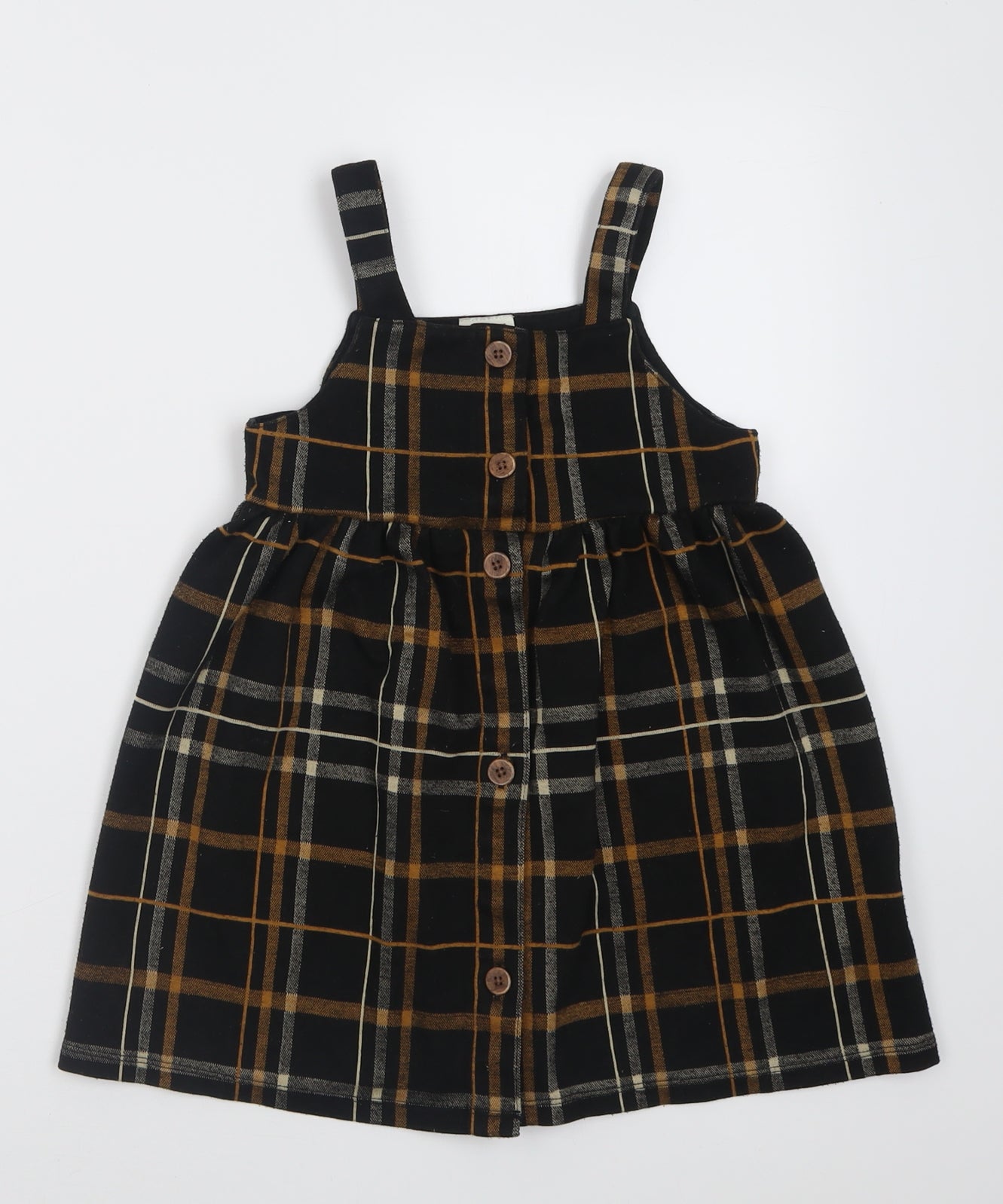 F&F Girls Black Check Polyester Pinafore/Dungaree Dress  Size 5-6 Years  Square Neck Button