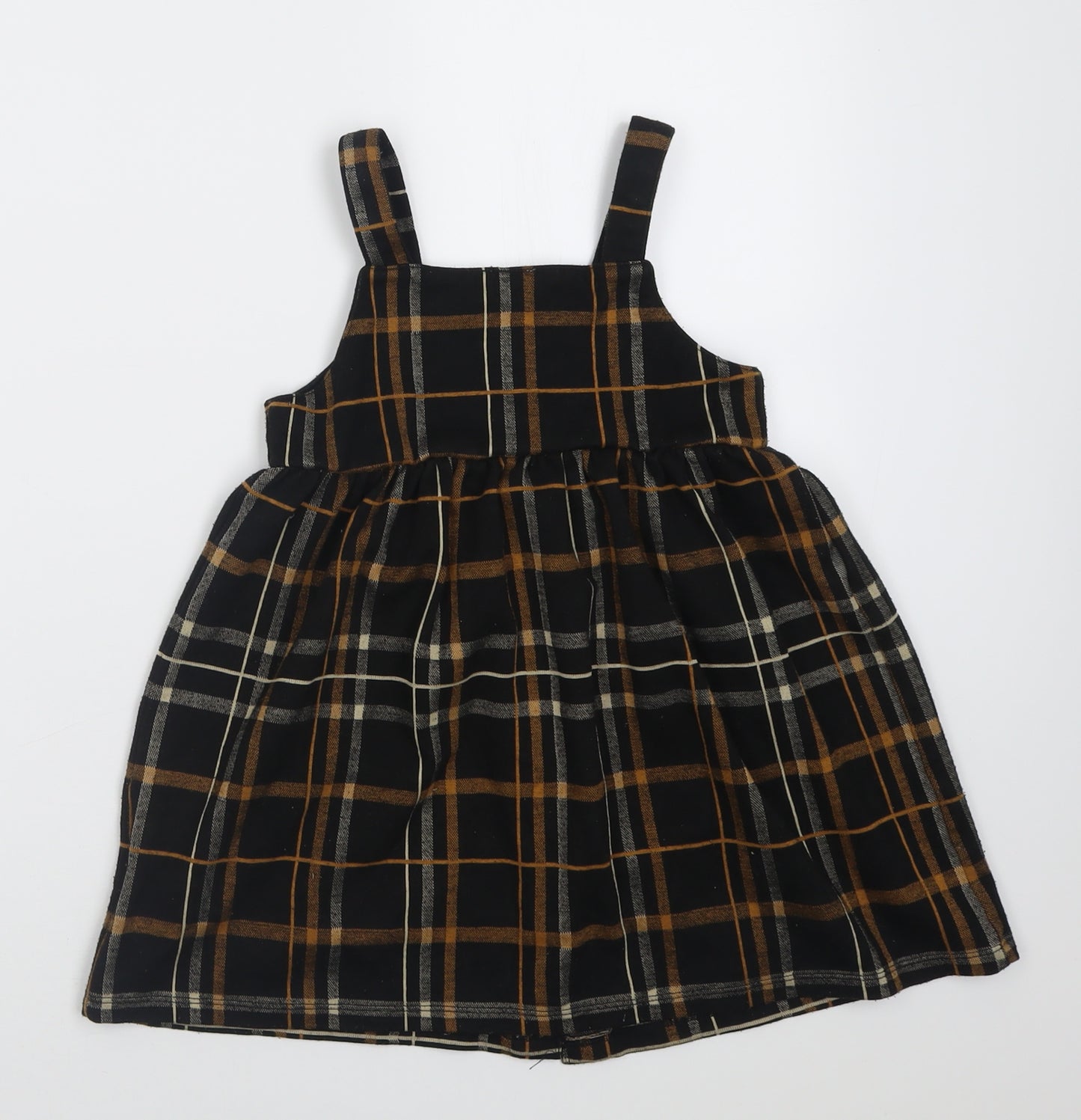 F&F Girls Black Check Polyester Pinafore/Dungaree Dress  Size 5-6 Years  Square Neck Button