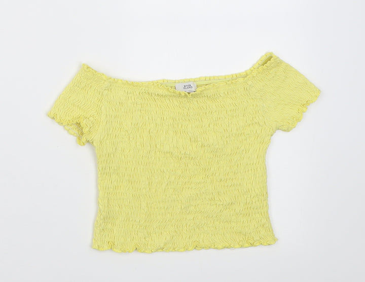 River Island Girls Yellow Viscose Cropped T-Shirt Size 5-6 Years Off the Shoulder Pullover
