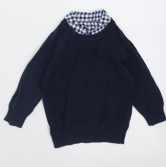 Front view of Matalan boys’ blue check cotton jumper, size 9-12, months pullover
