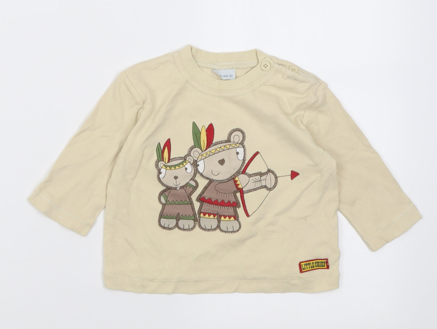 Cherokee Boys Beige  Cotton Basic Casual Size 6-9 Months Crew Neck Button