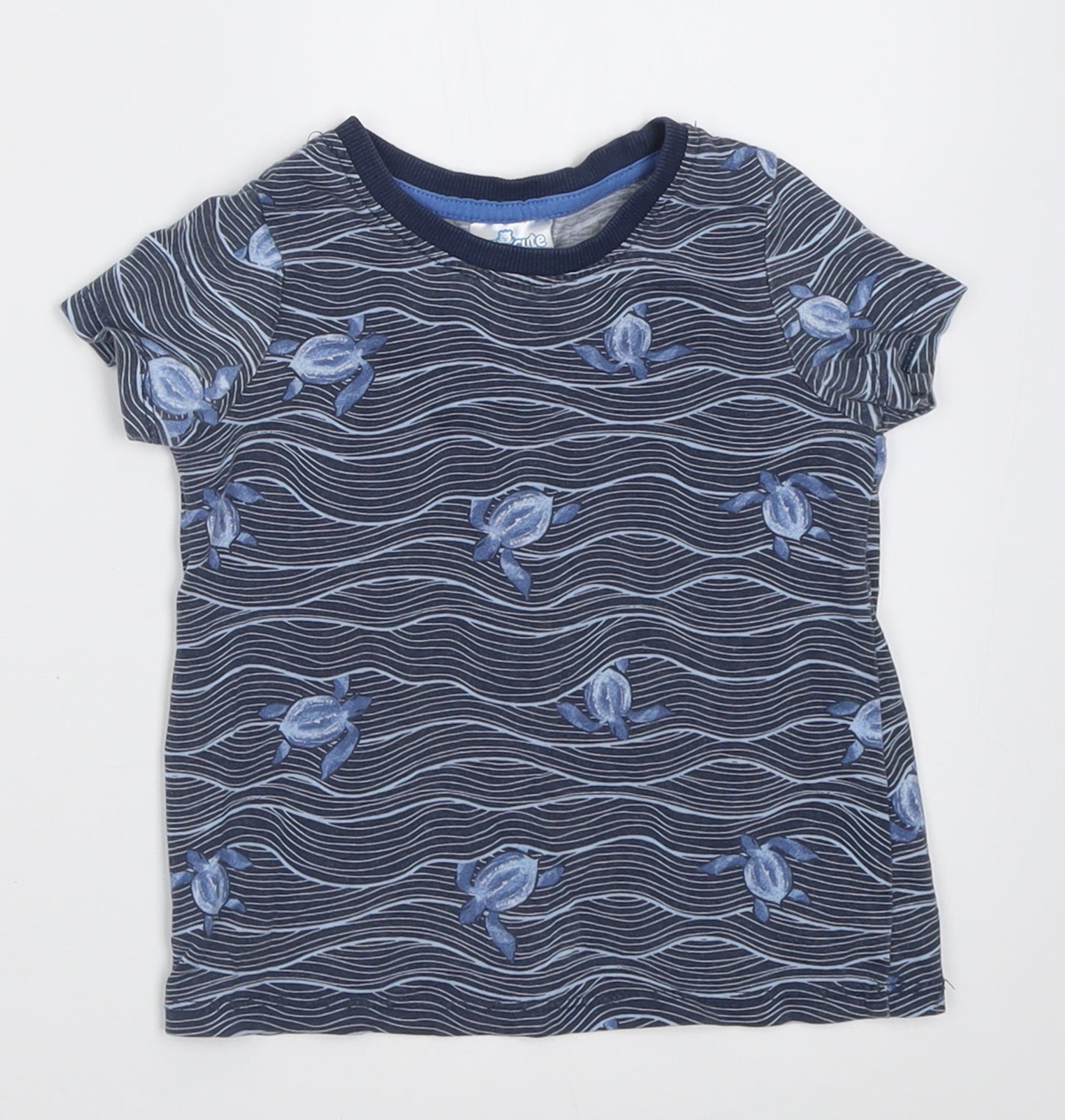 So Cute Boys Blue Striped Cotton Basic T-Shirt Size 18-24 Months Crew Neck Pullover - turtle