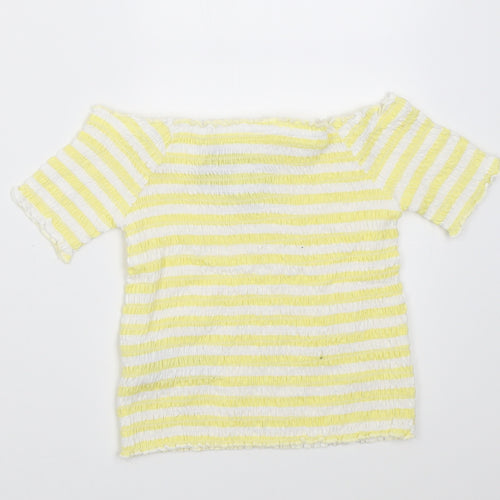 Primark Girls Yellow Striped Cotton Basic T-Shirt Size 7-8 Years Off the Shoulder Pullover