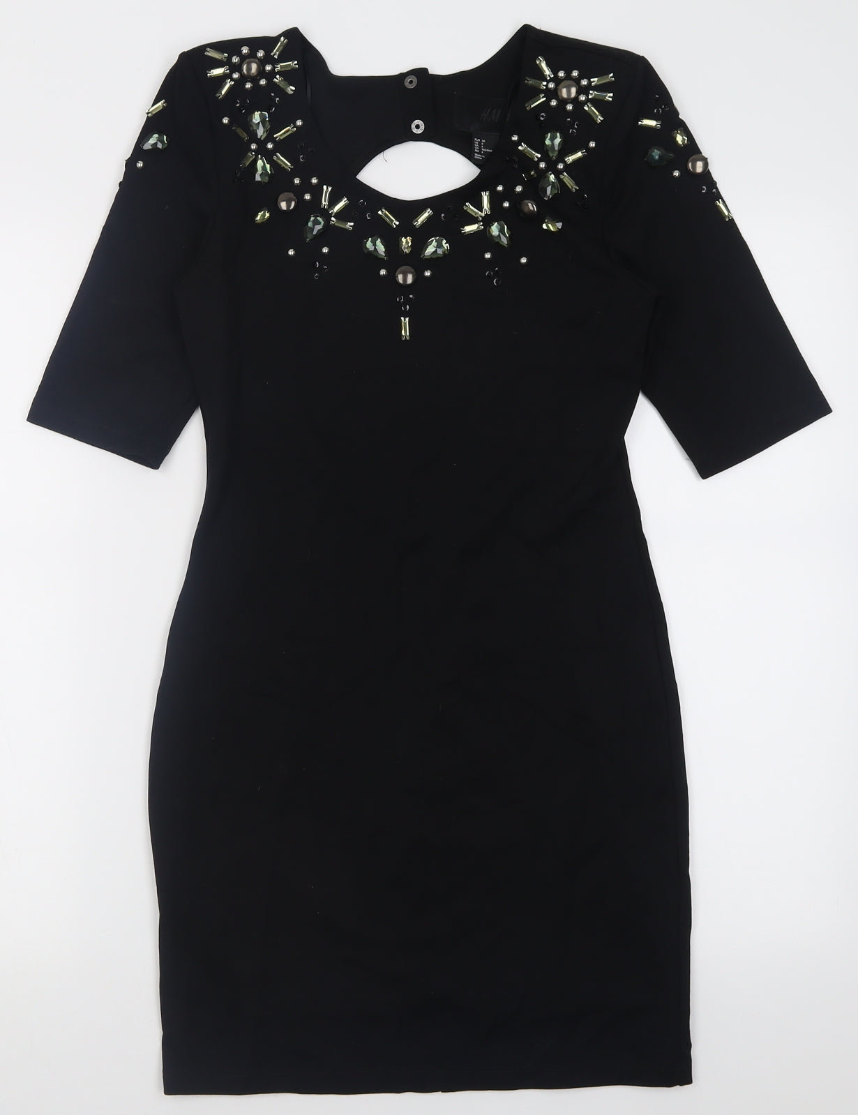 H&M Womens Black Fair Isle Viscose Bodycon  Size 8  Crew Neck Button - Open back