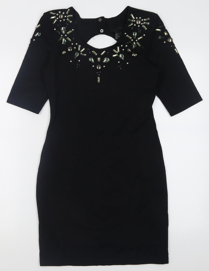 H&M Womens Black Fair Isle Viscose Bodycon  Size 8  Crew Neck Button - Open back